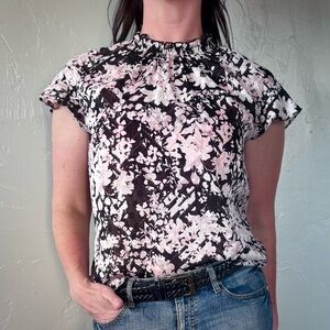 Express Sheer Black, White, Pink, Gold Foil Floral Print Sleeveless Blouse